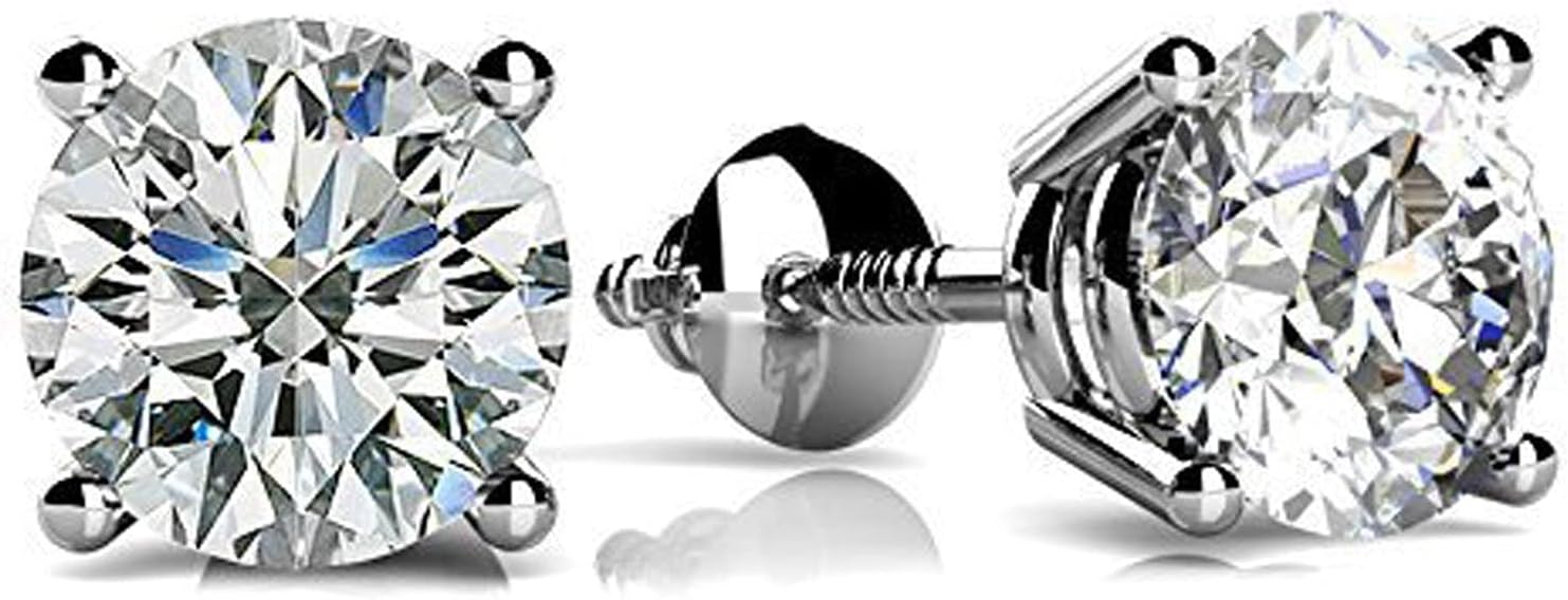 6mm VG Moissanite 2.0 cttw 14k White Gold Threaded Screw Back Round 4 Prong Stud Earrings (1.00 cttw Moissanite, G-H (white) Color, VVS1-VVS2 Clarity)