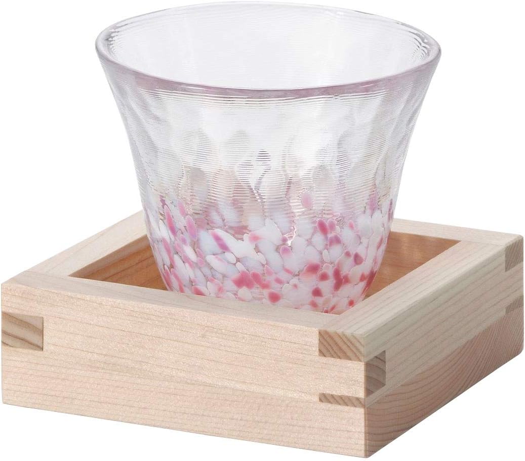 Aderia Japanese Sake Set, Japanese Sake cups, Handmade, Cherry Blossom, Sake Set Made in Japan, Tsugaru Vidro Glass, Pink, 4.1 fl oz (120 ml), Spilled Sake Cup, Gift Box