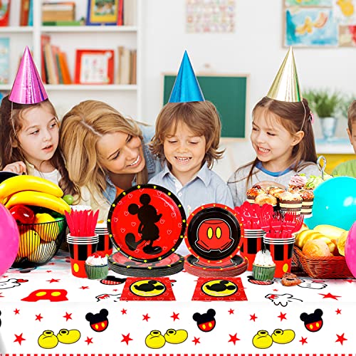 Mickey Mouse Birthday Party Supplies,141Pcs Mickey Birthday Plates And Napkins Party Supplies Include Mickey Mouse Paper Plates Cups Napkins Tablecloth&Mickey Party Tableware Set, Serves 20 Guest #TOP4