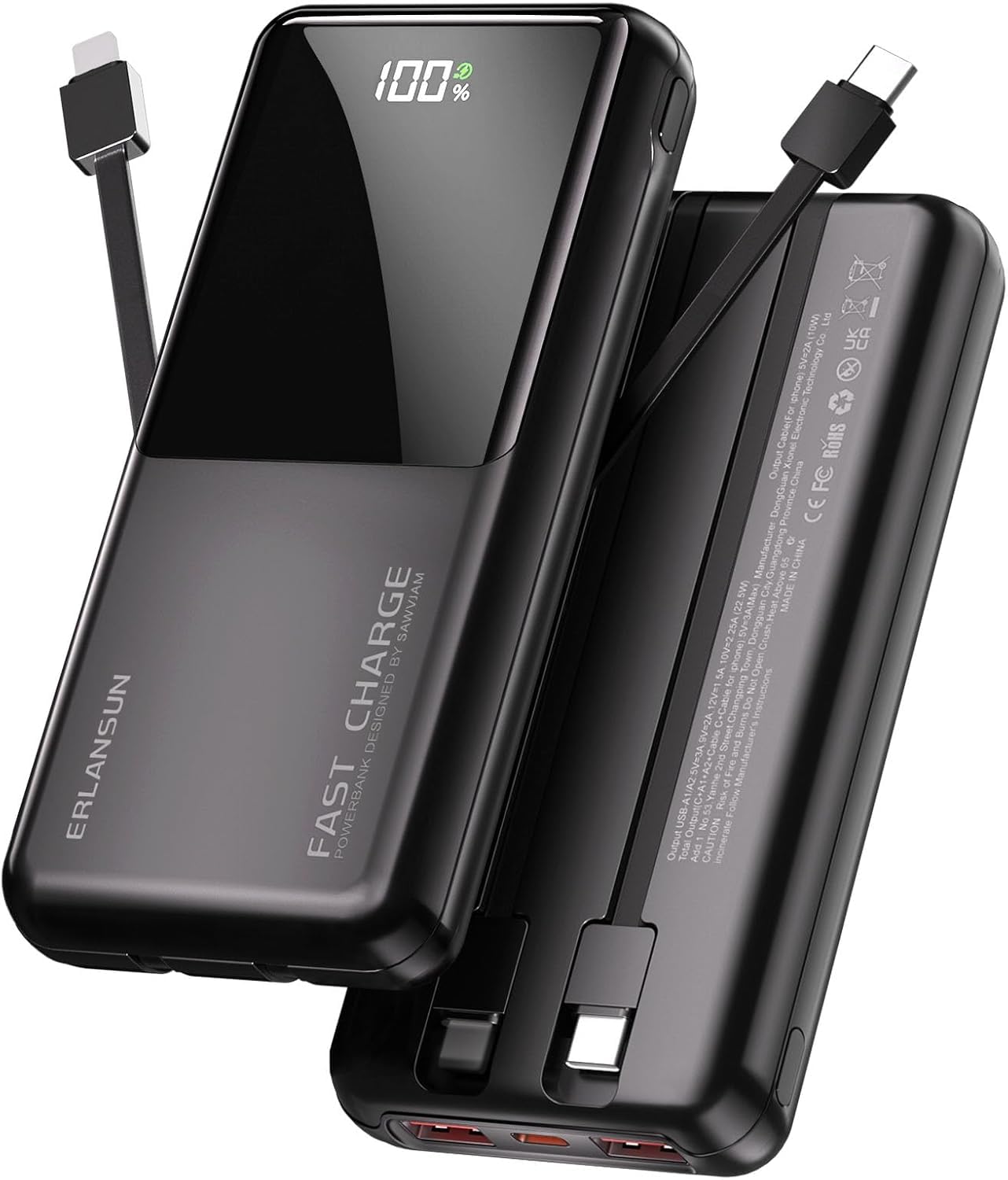 Power Bank Fast Charging 20000mAh 22.5W Portable Charger with Built-in Cables