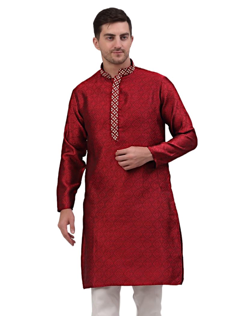 Jompers Men's Collar Embroidered Silk Jacquard Kurtas (Maroon, Xxl)