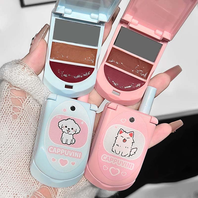 Cappuvini Smooth Touch Critter Solid Lip Gloss | Cute Flip-Phone Packaging with Silicone Brush | High-Shine Finish for Natural to Bold Looks | Light Texture Mirror-Finish | Buildable Shine for Custom Color Mixing & Layering | Light-Weight Comfortable Glossy Formula Gloss For Women (03# Peach Powder + Pink Brown, 3.5g)