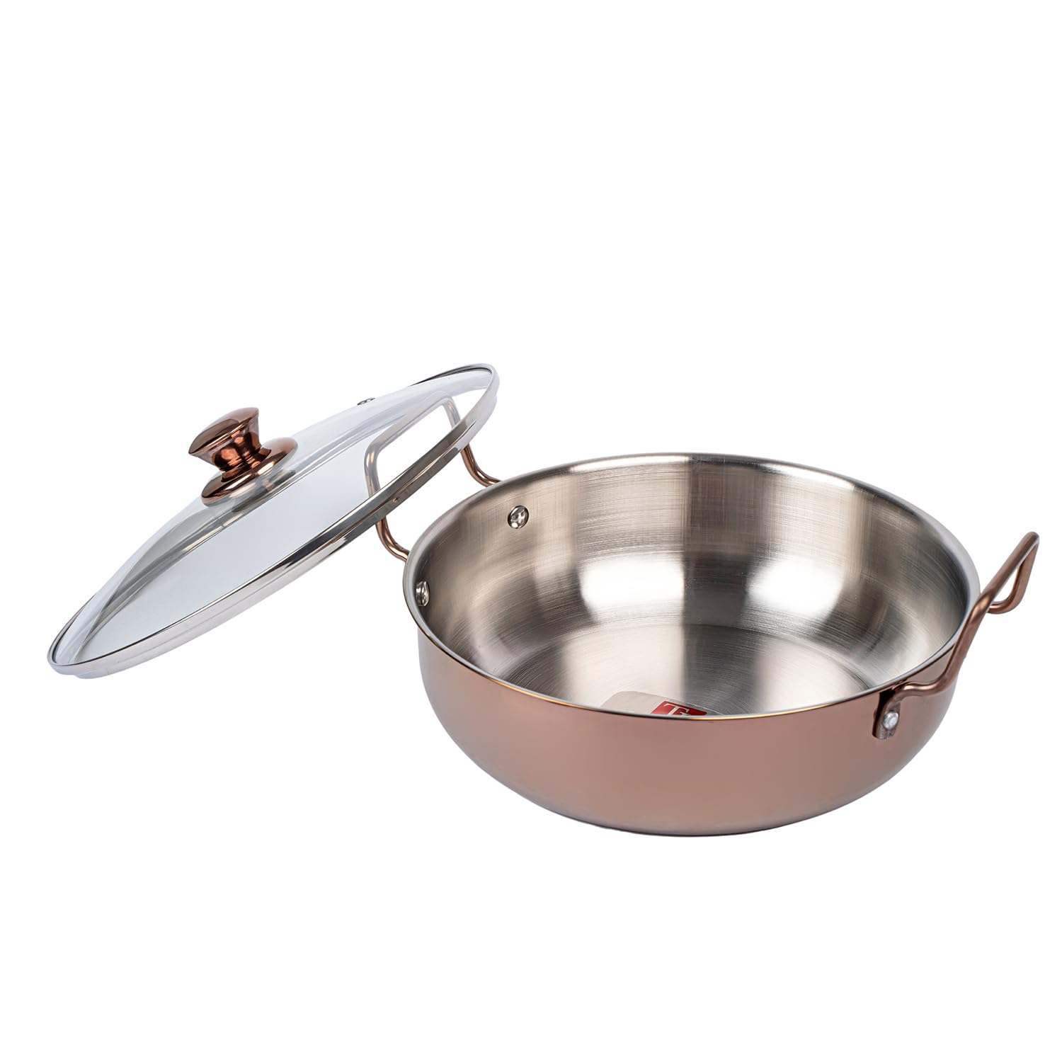 TOPSYTURVY Stainless Steel Copper PVD Kadhai with Glass Lid 24 CM | Induction & Gas Compatible | Heavy Bottom Cookware for Healthy Cooking 3 Liter Capacity 4