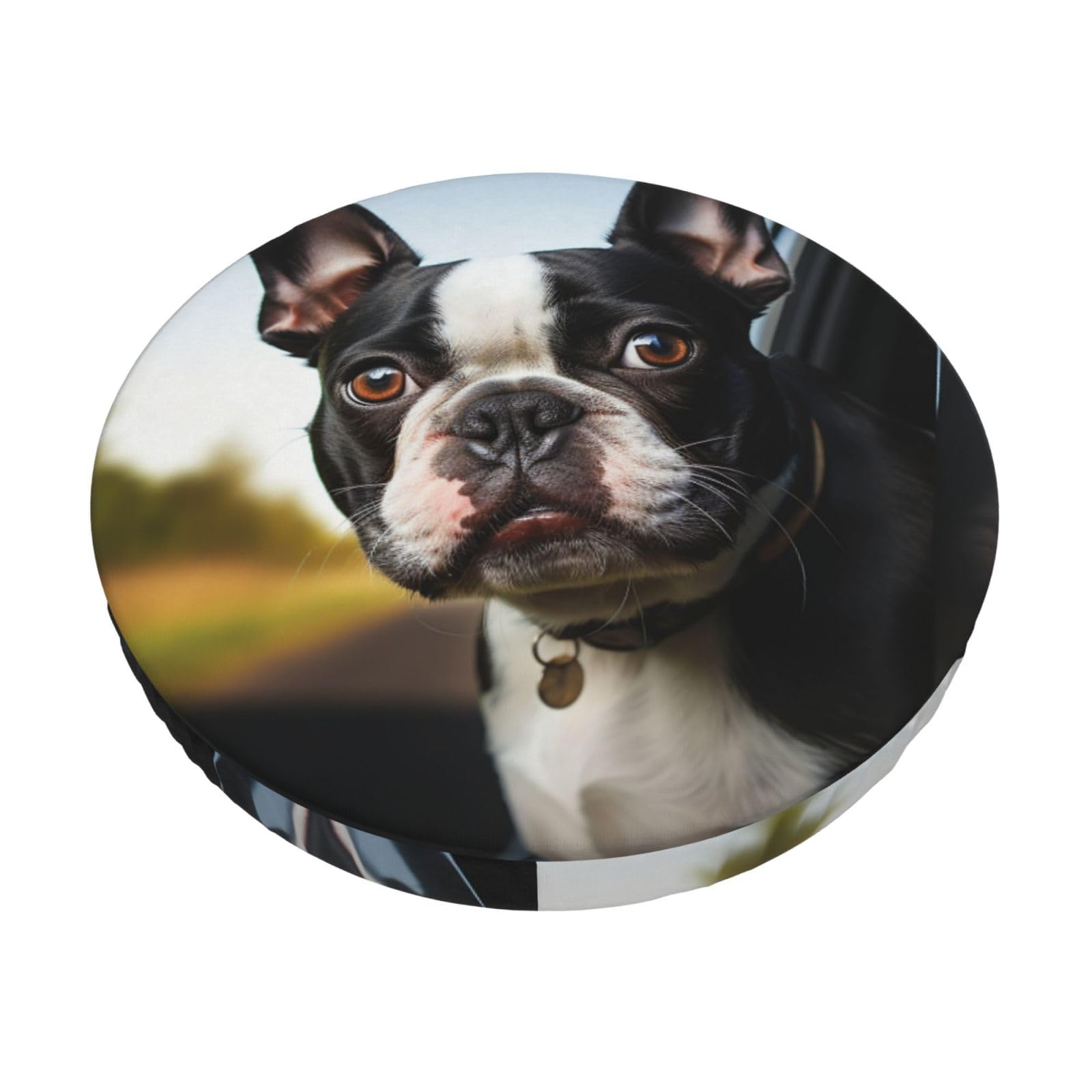 Fodpand Black Puppy Dog Boston Terrier Stool Covers Round 12 Inch, Stretch Round Bar Stool Seat Covers Washable Dustproof Stool Cushion Slipcover Soft Velvet Bar Chair Covers With Elastic Band