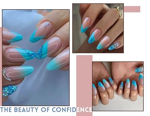 Miniatura 5 de Uñas postizas a presión azules  Uñas postizas francesas con diseños de polvo flash de diamante  24 piezas para mujeres y niñas