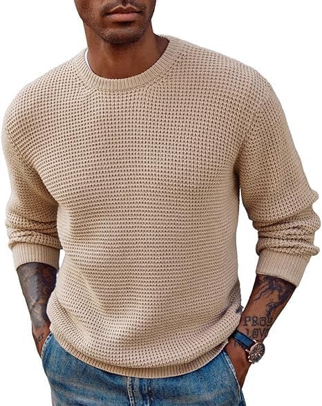 Waffle Knit Mens Sweater Woolen Round Neck Wool Pullover