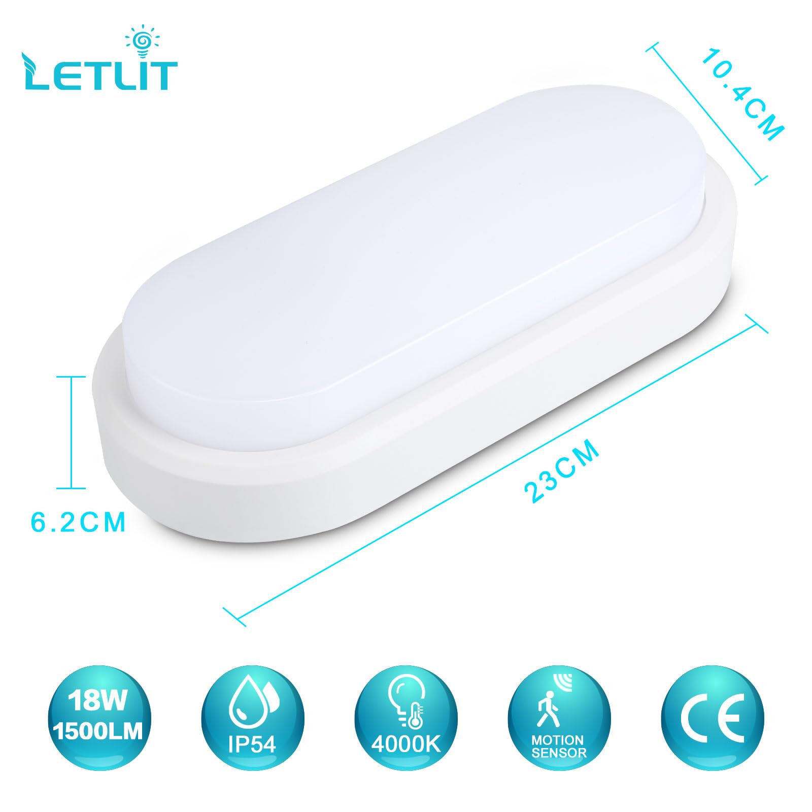 Luz LED con Sensor de Movimiento, 18W 1800LM Plafon con Sensor Crepuscular, 4000K Aplique Pared Interior, IP54 Lampara Techo Baño para Exterior Escaleras Pasillo Garage Sotano Balcon, 1 Pack