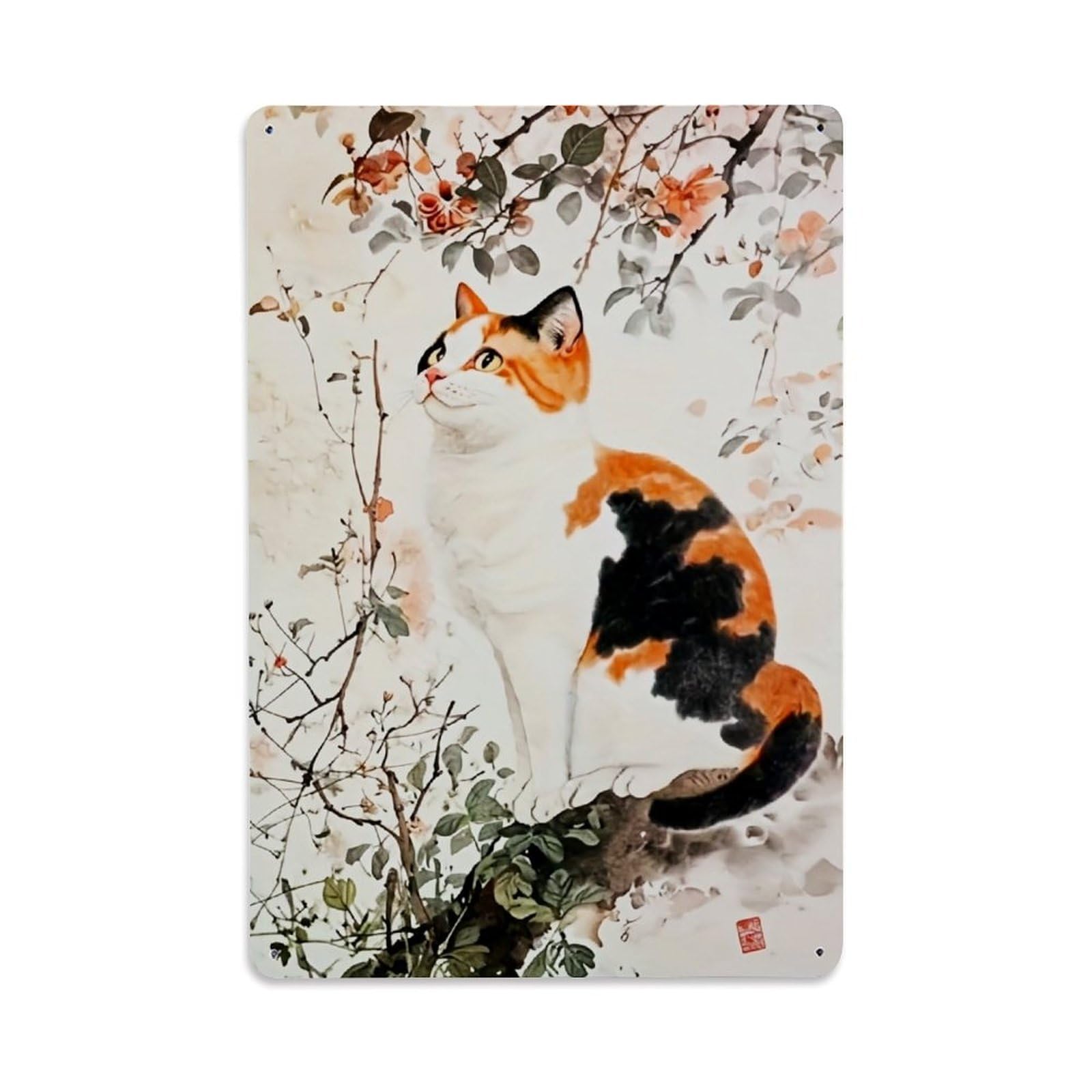 Cat Flower Branch Art Print Retro Metal Tin Sign, Vintage Decor Art Poster for Bar, Home, Man Cave, Kitchen, Laundry Room Gift 8x12Inch