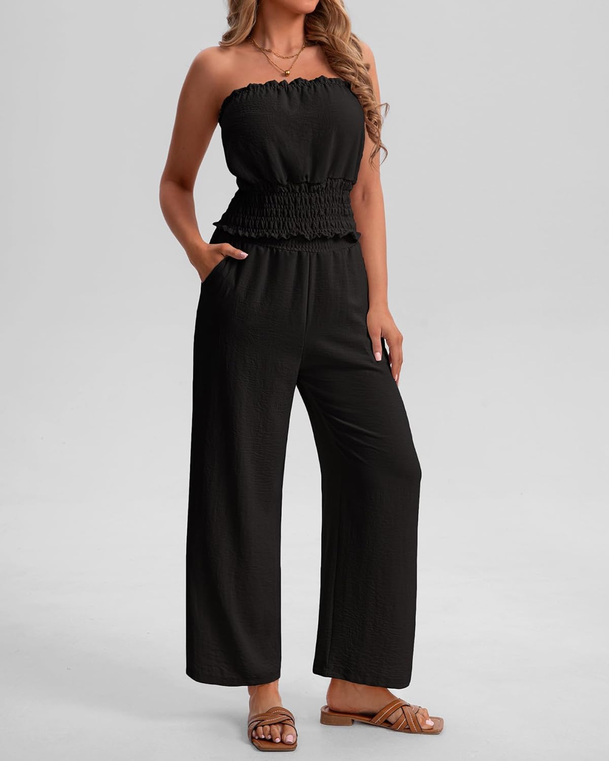 2 Piece Sets for Women Summer Outfits Wide Leg Pants and Crop Tube Tops Summer Casual Beach Vacation Set - Image 5