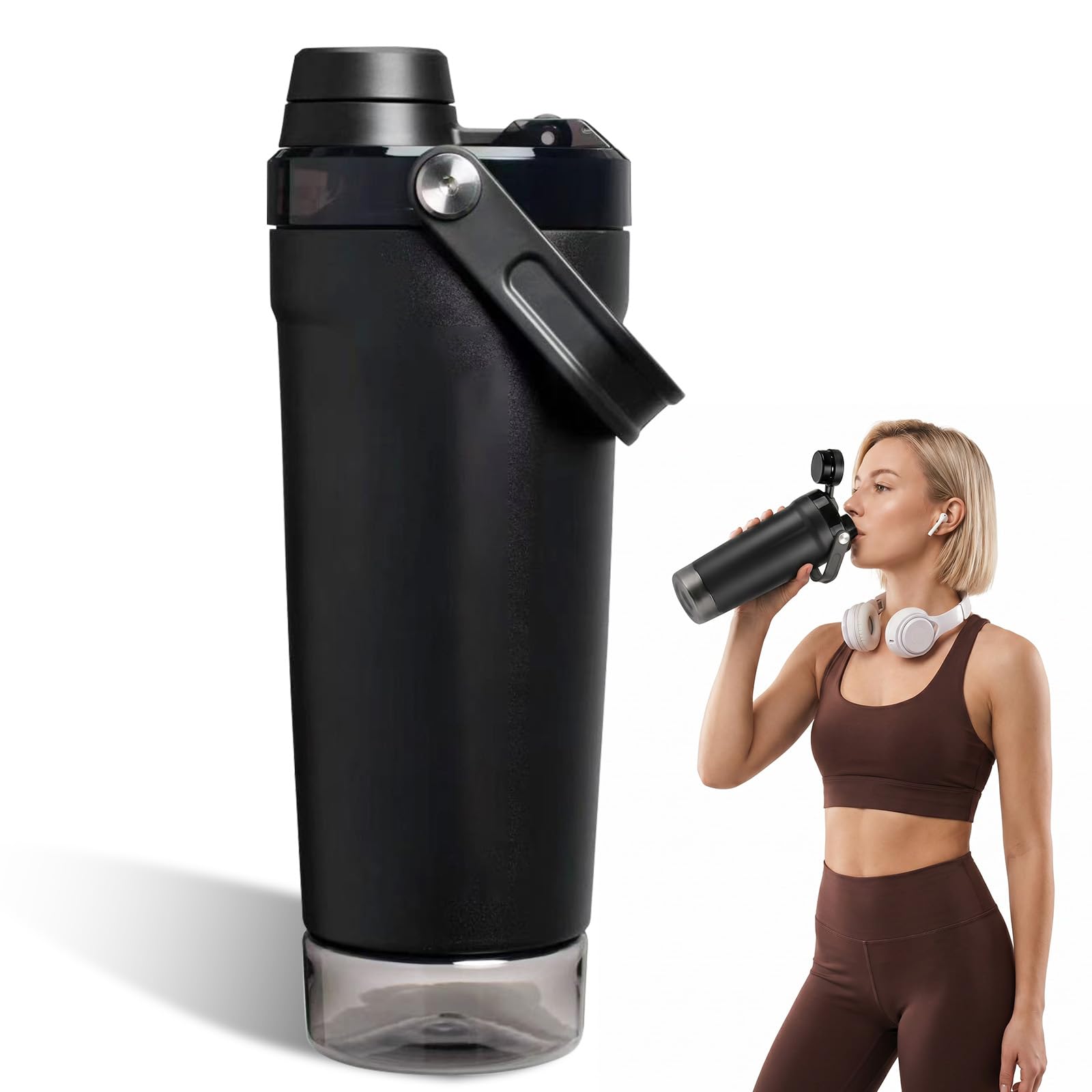 591ML Protein Shaker Botella con compartimento para polvo SUS304 de acero inoxidable con recipiente de almacenamiento y asa