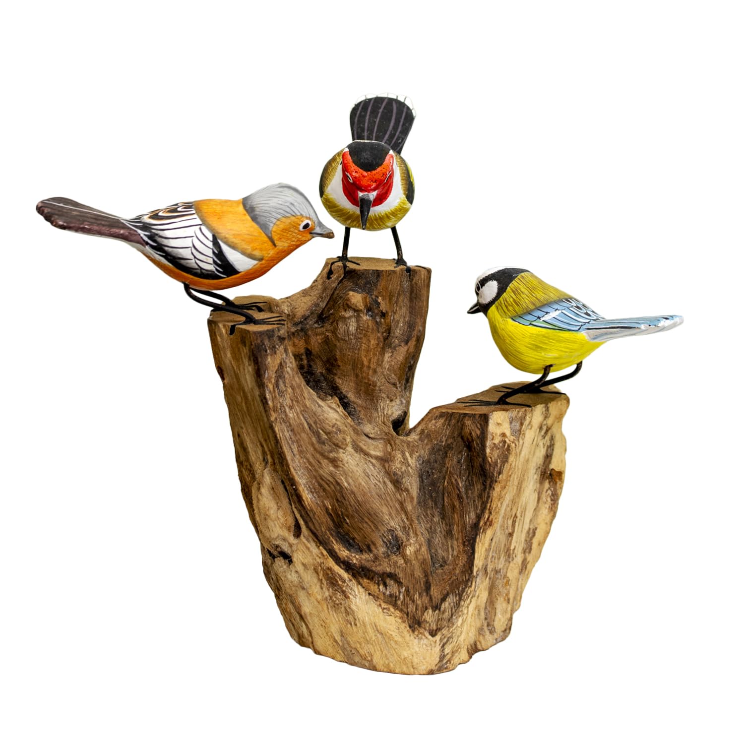 Darthome 3 Hand Carved Wooden Birds on Driftwood Sculpture, Multicoloured Hand Painted, Rustic Ornament, 25x24x16cm