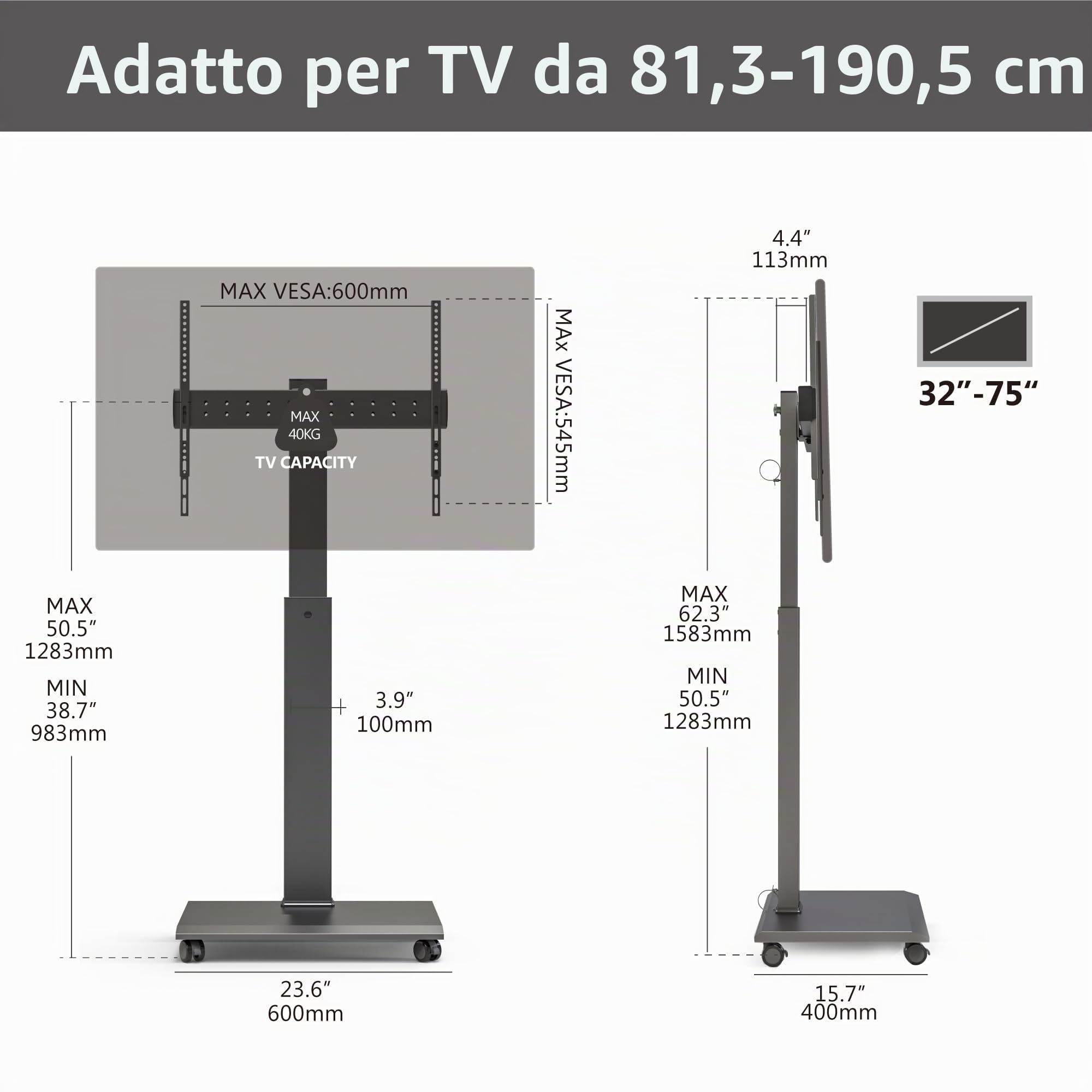FITUEYES Carrello Porta TV con Ruote per 32-75 Pollici, Orizzontale e Verticale Supporto TV da Pavimento e Metallo Base, 40° Girevole & 7 Altezza Porta TV da Terra Max VESA 600x400mm Portata 40kg