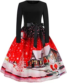 TOTOD Christmas Vintage Dress, Women Elegant Long Sleeve Print Dresses - O Neck Xmas Evening Party Swing Dress - coolthings.us