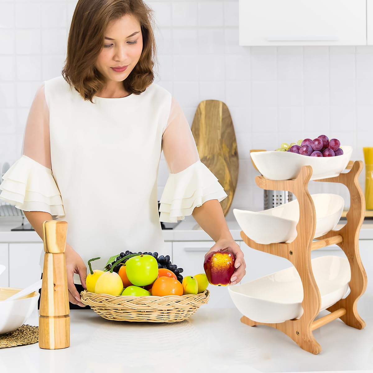 Bambusowy 3-poziomowy kosz na owoce i warzywa ceramiczny