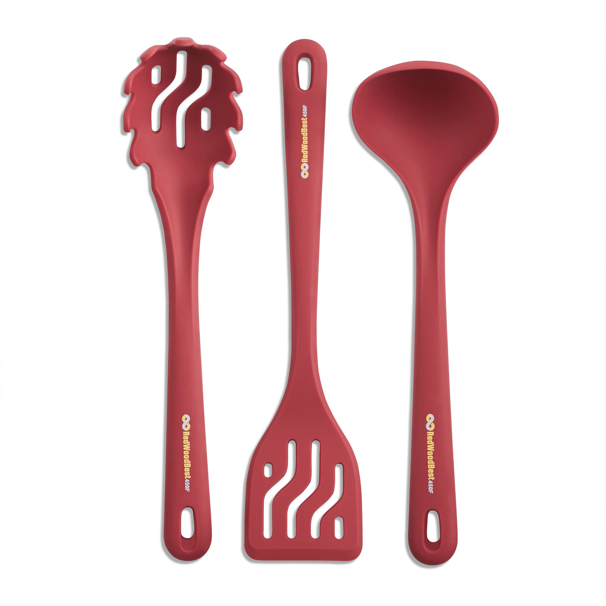 RedWoodBest Silicone Pasta Essential Cooking Utensils Set 3pc - Make Warm Home-cooked Pasta with Our Utensils - BPA-Free Pasta Fork, Ladle and Slotted Turner - Safe for Teflon (Red Dahlia color)