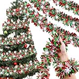 Rismise Green and Red Christmas Metallic Tinsel Twist Garland 49 Feet Glitter Christmas Tree Hanging Wreath Decor Xmas Tinsel Garland for Home Mantle Stair Railing New Year Indoor Outdoor Decorations