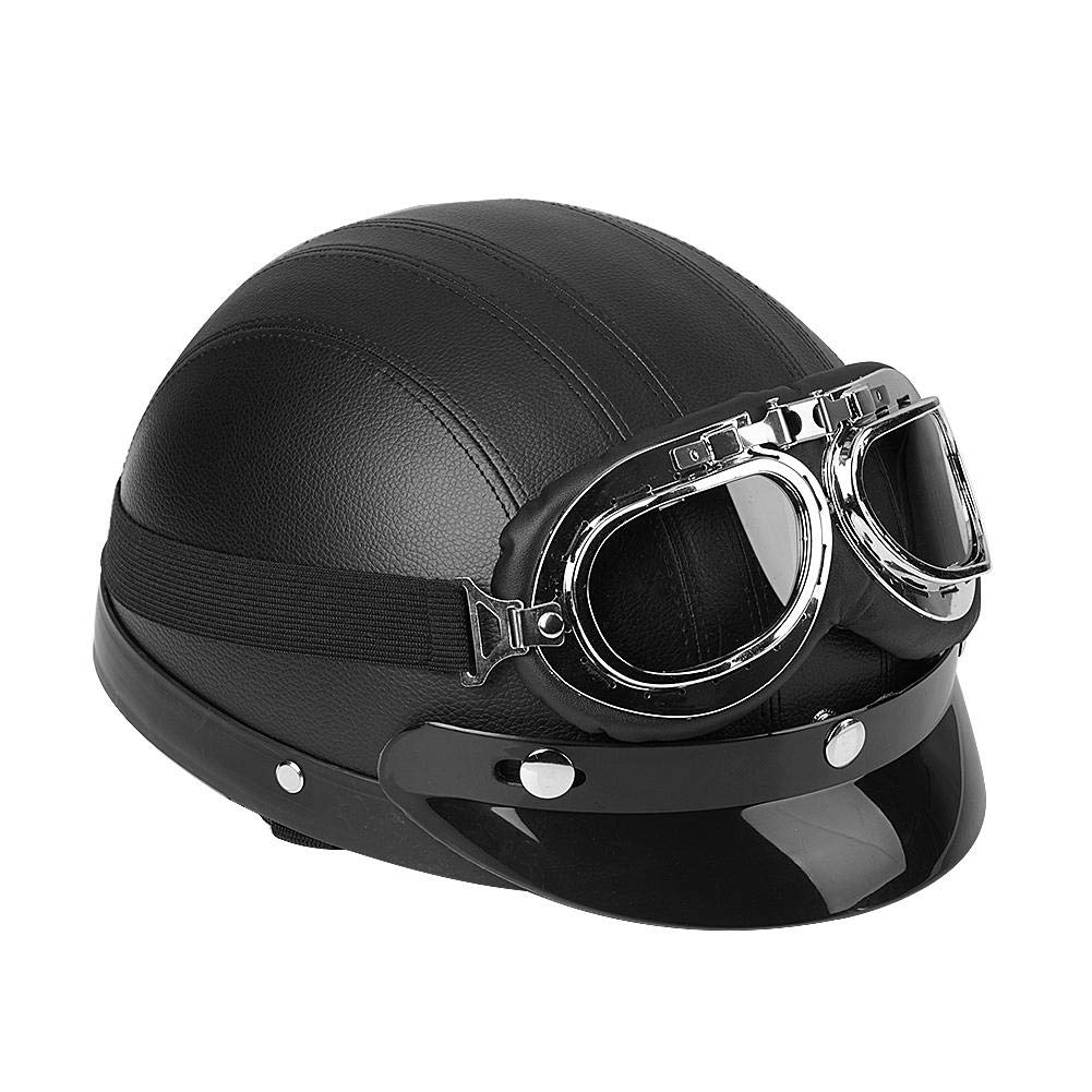 Casco de moto universal, piel sintética, casco de media piel, convertible, vintage, para todas las estaciones, con gafas de protección, color negro