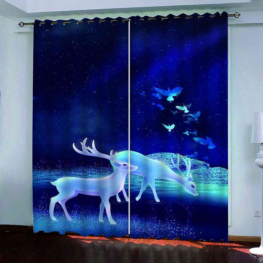 Rideau chambre occultant bleu cerf animal 3D 300x270 cm