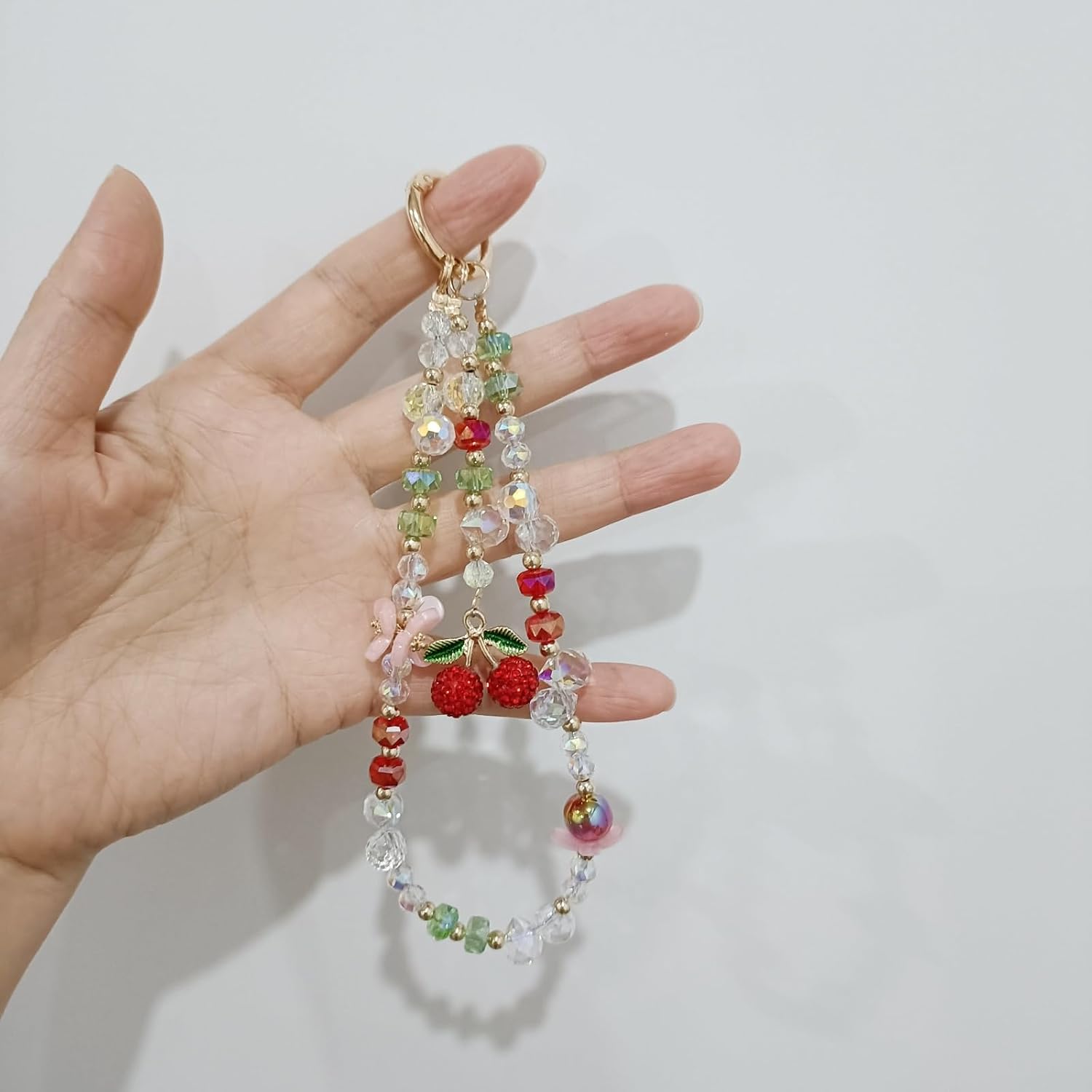 Beaded Charms Strap for Women, Crystal Beads Hands-Free Bracelet Wrist Lanyard, Cute Red Cherry Phone Key Chain, Phone Case Accessories for Bag Wallet (Cherry)