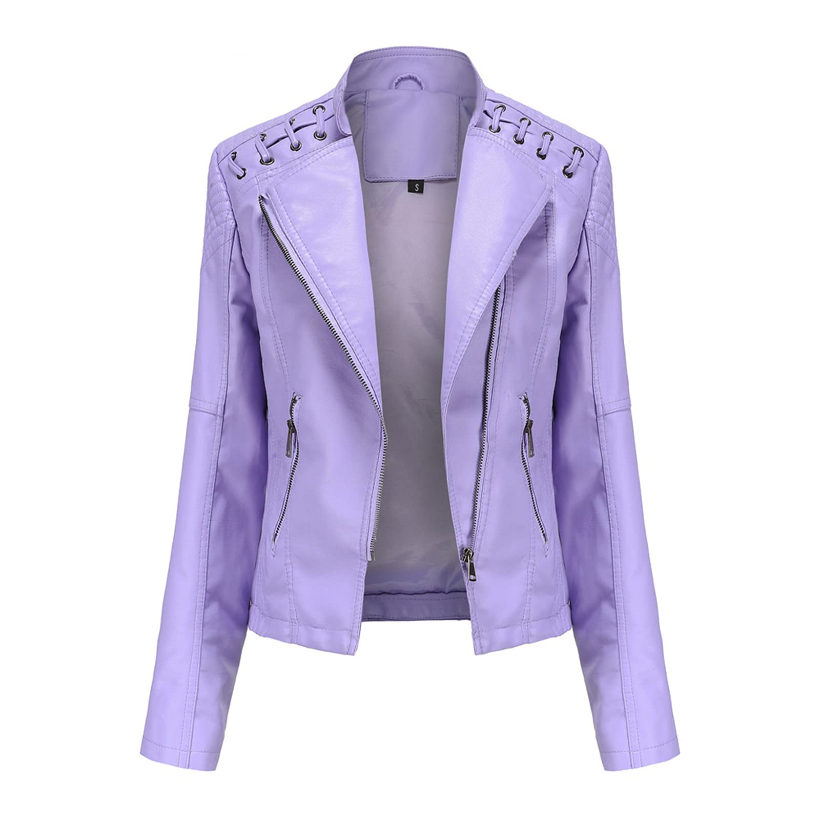 LIEVETY Women's Faux Leather Moto Jacket Zip Moto Pu Leather Biker Jacket Coat with Pockets Outwear Slim Coat (Light Purple,XL)