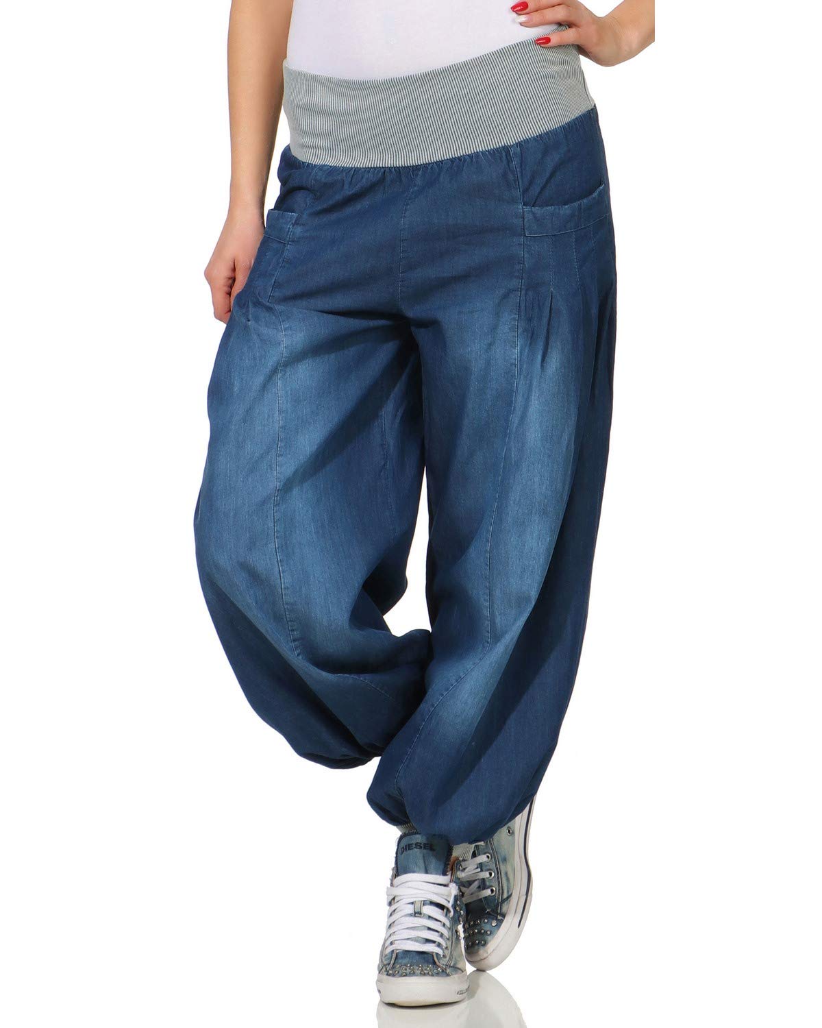 Damen Pumphose im Denim Style Jeans Tanzhose Aladinhose zum Chillen Haremshose