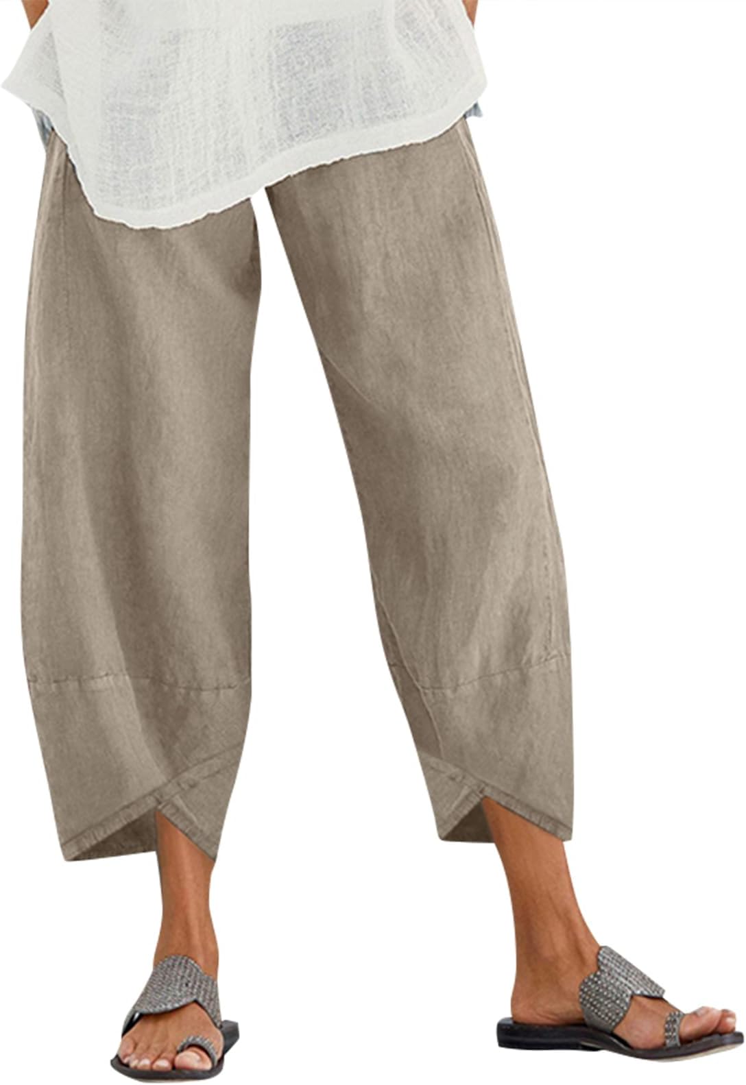 ZANZEA Linen Pants for Women Casual Cotton Cropped Pants Loose Fit Elastic Waist Chino Pants with Pocket