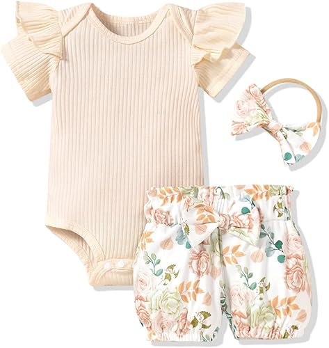 Aalizzwell Traje de verano con pantalón corto y acanalado para bebé niña