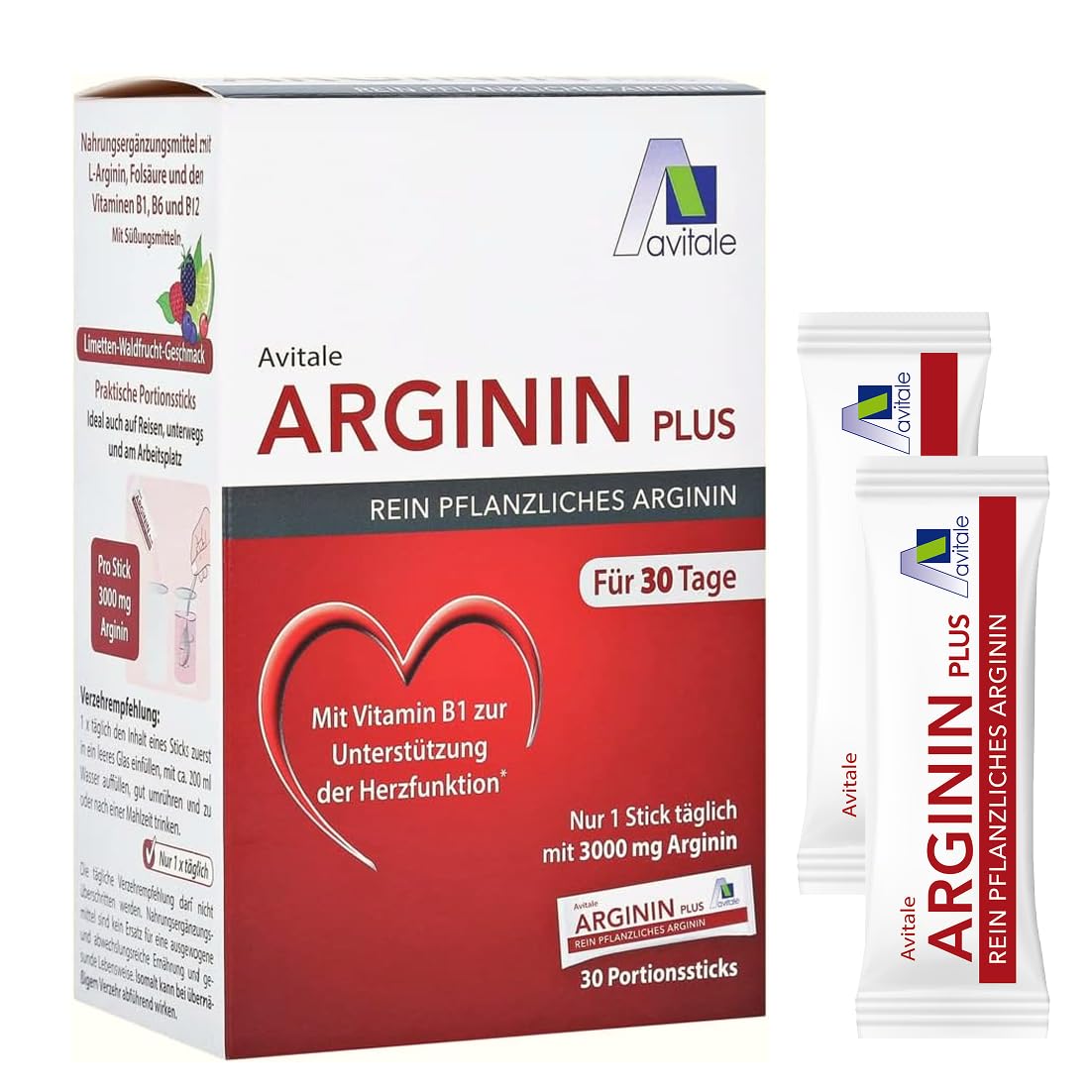 Avitale Arginin plus Sticks zur Herstellung einer Trinklösung mit 3000 mg rein pflanzlichem Arginin, Vitamin B1, B6, B12 und Folsäure, 177 g