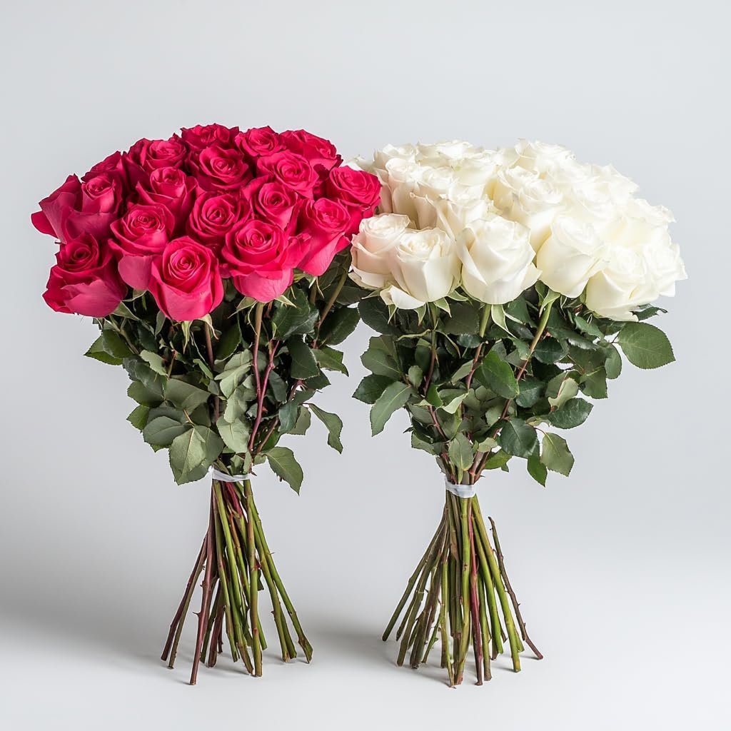 GlobalRose 50 Fresh Cut Roses - 25 Hot Pink & 25 White - Fresh Flowers Bouquet - Flowers for Anniversary
