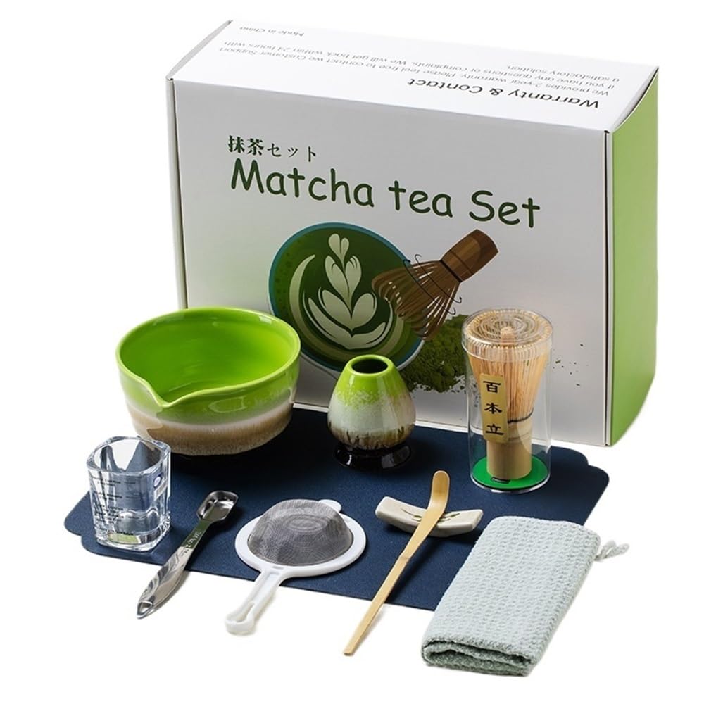 LZM-DIEWLEI Japanese Matcha Tea Set 10 Pcs Ceramic Matcha Bowl, Ceramic Whisk Holder, Matcha Whisk, Scoop, Sifter, Matcha Caddy, Tea Making Kit, Handmade Japanese Tea Ceremony Matcha Tea Kit(B)