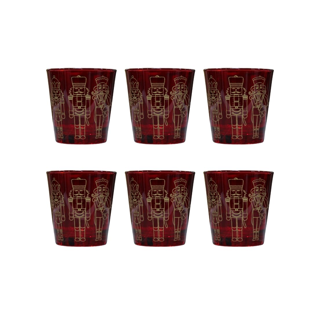 Servicio de platos de Navidad de porcelana para 6 personas con vasos: 24 piezas, decoraciones con árbol de Navidad, cascanueces y estrellas, rojo y blanco, apto para lavavajillas y