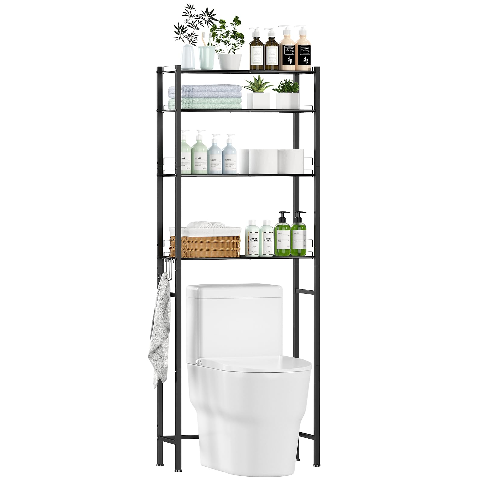 OUTWOLF Waschmaschinenregal Waschmaschinenschrank Überbauschrank ohne Bohren 4 Ebenen Badezimmerregal, Hochkohlenstoffstahl Toilettenregal, Platzsparender Badezimmerträger, Schwarz