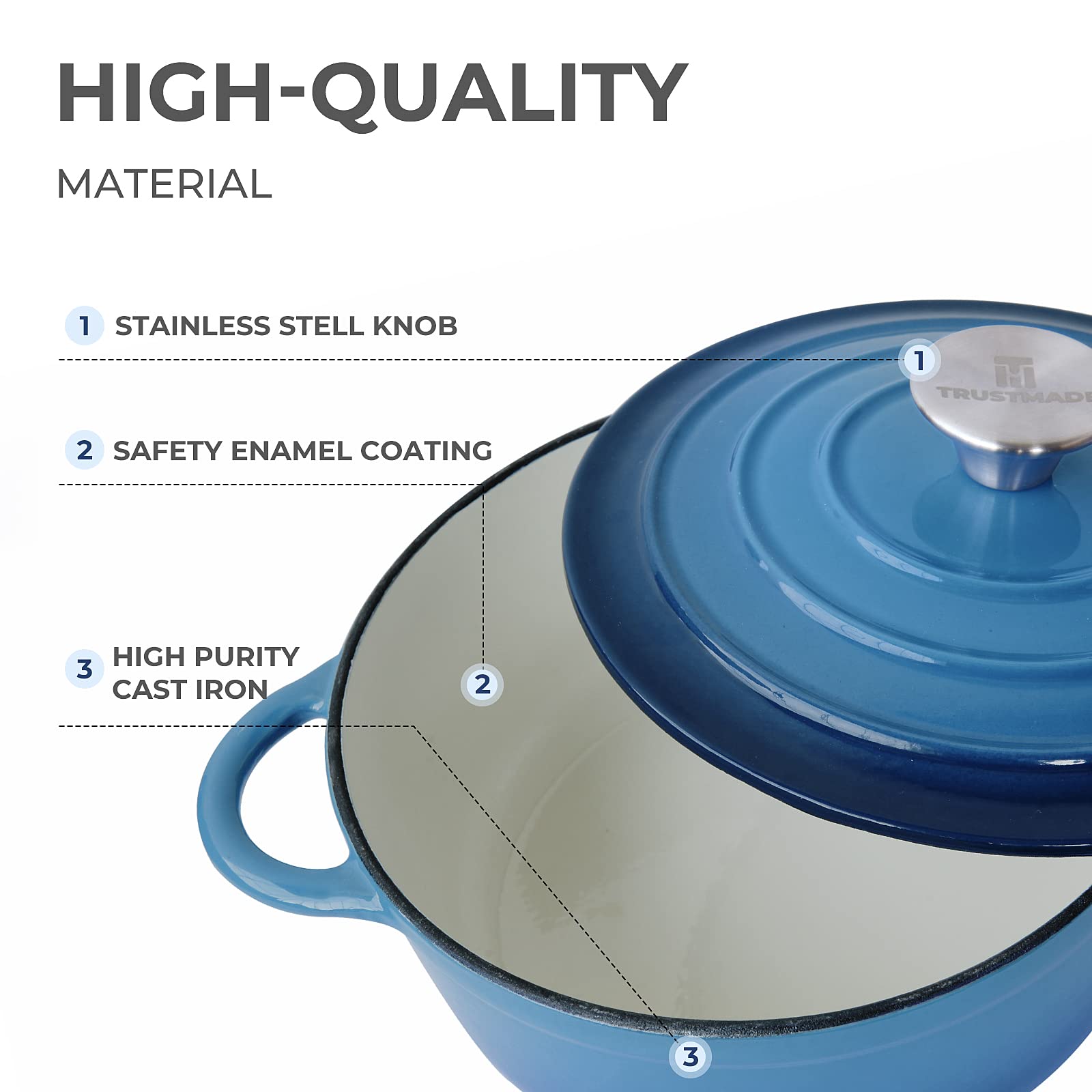Trustmade 3 QT - Pentola olandese in ghisa, smaltata, con coperchio autoimbastente, per cottura domestica, stufa, cucina, blu