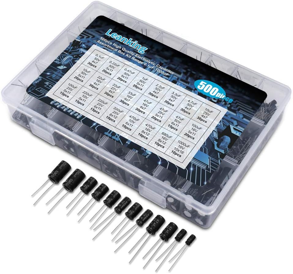 Electrolytic Capacitors,500PCS 24 Value Assorted Assortment Kit Set with Clear Plastic Box to Carry Convenient Range 0.1uF－1000uF