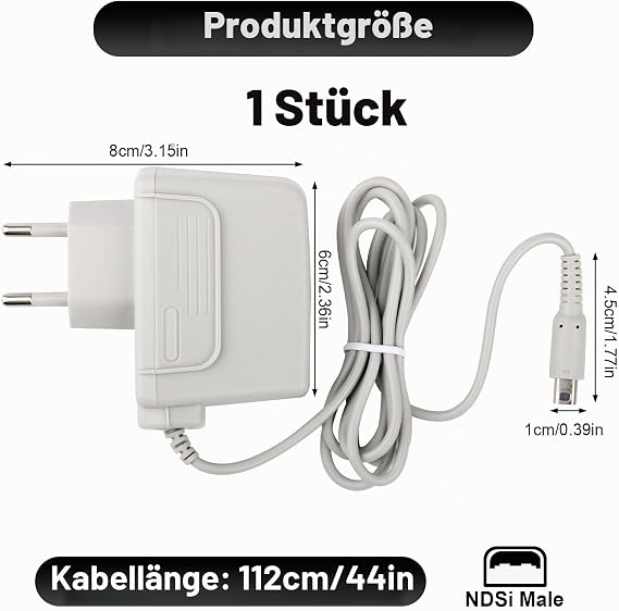 4.6V 0.9A Power Supply Charging Cable Compatible with 3DS/2DS/DSi Ladegerät Kompatibel mit New 3DS XL/3DS XL/New 2DS XL/2DS XL/DSi XL/DSi Reise Charger Kabel Power Adapter 1.12M Grau Weiß