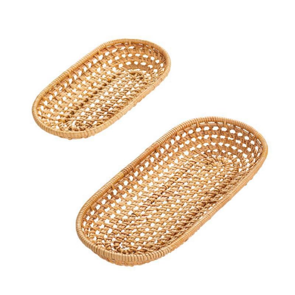 Wicker Rattan Fruit Bread Basket, Oval Shape Fruit Bread Basket 100% Natural Rattan Shopping Basket for Fruit Vegetable Bread Cookies Candy (S+M)