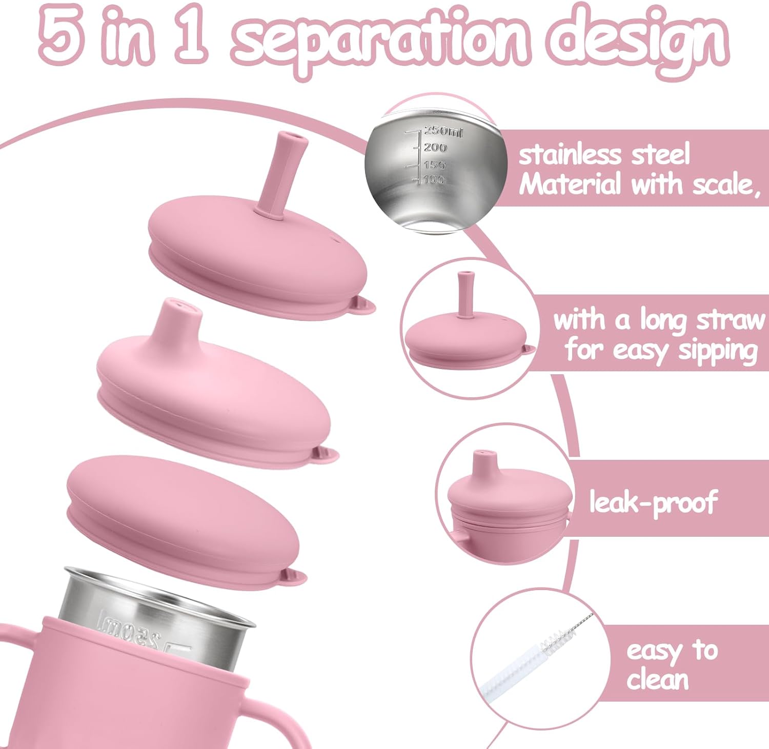 Mity rain 3-In-1 Stainless Steel Sippy Cup for 6+ Month Old, Baby Straw Cups for Toddlers 1-3 with Travel Lid, Silicone Straw, Replacement Straw & Cleaning Brush - 8oz Toddler Cups Spill Proof Set - Image 4