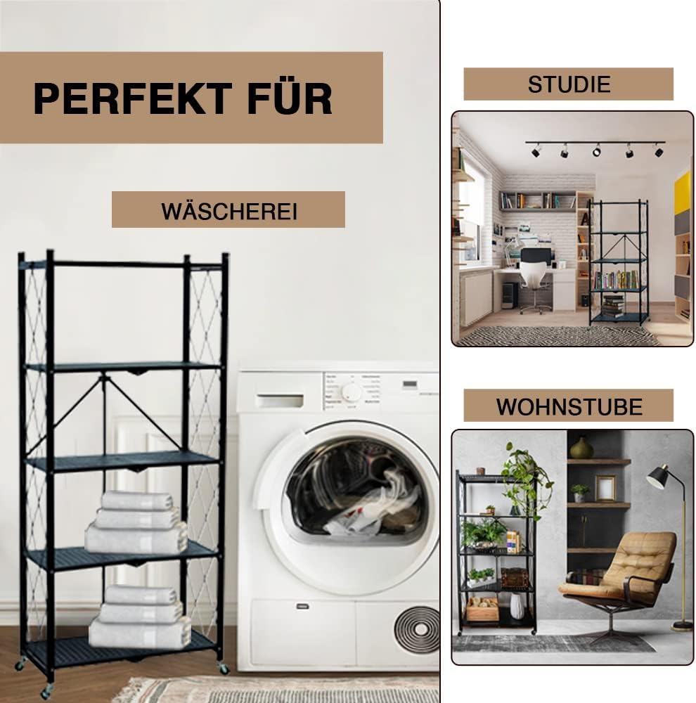 STREND PRO Klappbares Regal mit Rollen, 4 Etagen Faltbare Aufbewahrungswagen Einheit, Rädern 200 kg Tragfähigkeit, Lagerregal, Metallregal Schwarz, Klappregal für die Küche, Büro