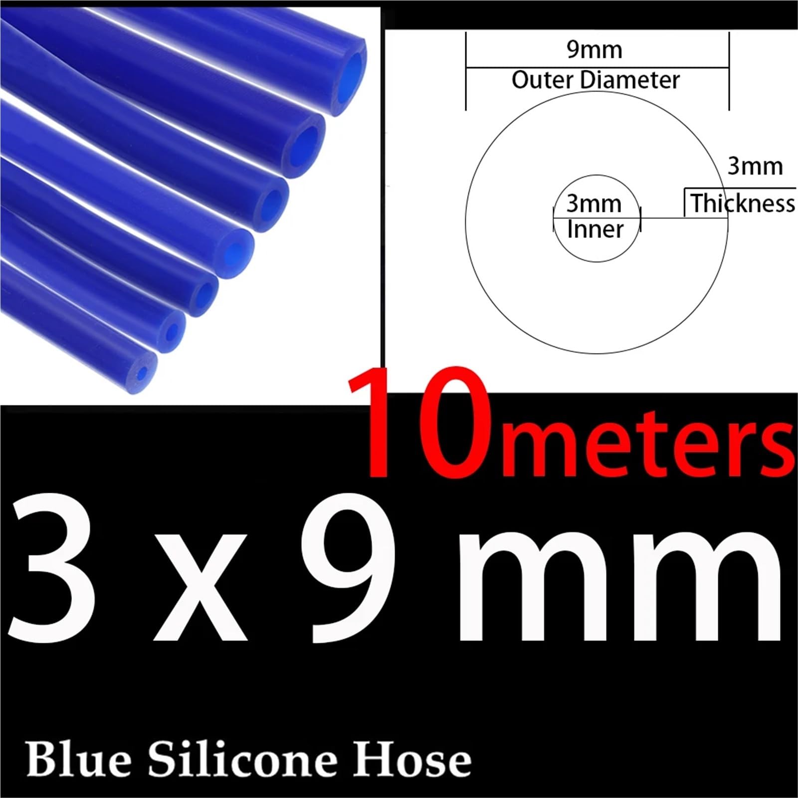 Rura wąż turbo 3x9mm średnica wewnętrzna 3mm grubość niebieski czerwony czarny silikonowy wąż do odkurzacza samochodowego wyścigowy przewód rurowy 1/2/3/5/10 metrów wąż intercooler(3x9mm Blue 10m)