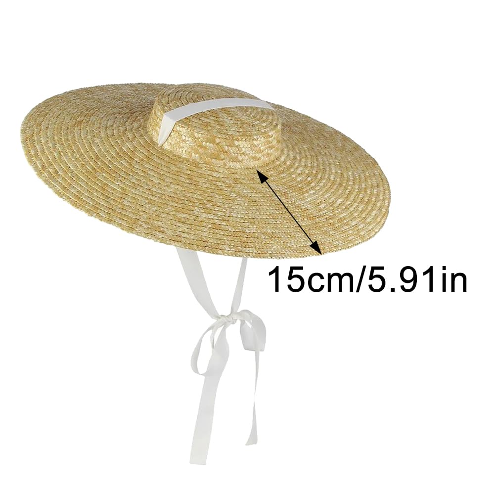 Sombreros de Paja de ala Ancha y Copa Plana para Mujer, Gorras de Playa de Verano con Visera y Cinta Larga, Sombrero canotier con Cordones