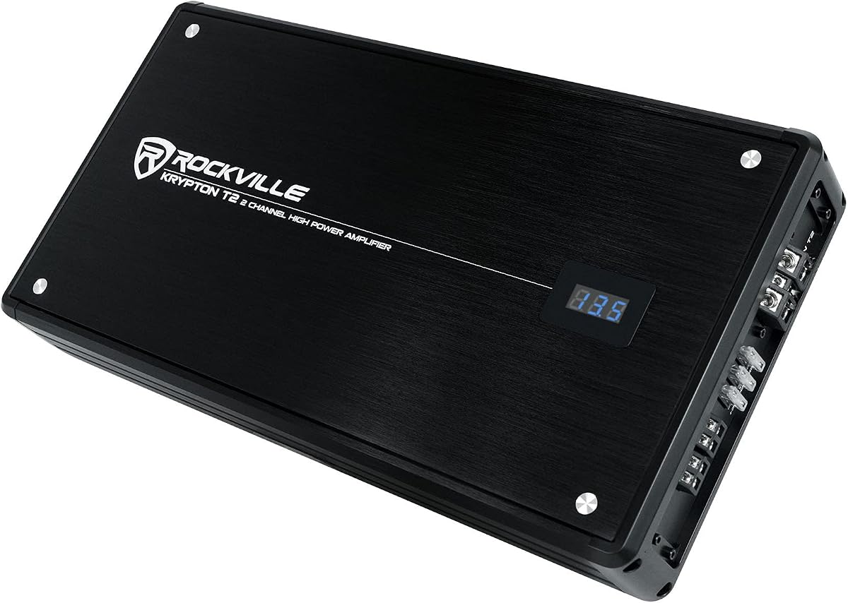 Amplificador para automóvil Rockville Krypton-T2 de 2 canales, pico de 2800 W, 700 W RMS | Certificado Dyno, Fuente de alimentación MOSFET, Puenteable, Pantalla de voltaje, EQ de graves, Crossover ajustable, Estable de 2 ohmios