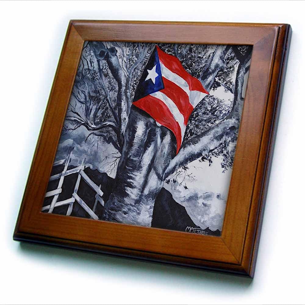 3dRose 8x8 Framed Tile - Image of Puerto Rican Flag and Black and White Tree A. Torres Art Puerto Rican Art