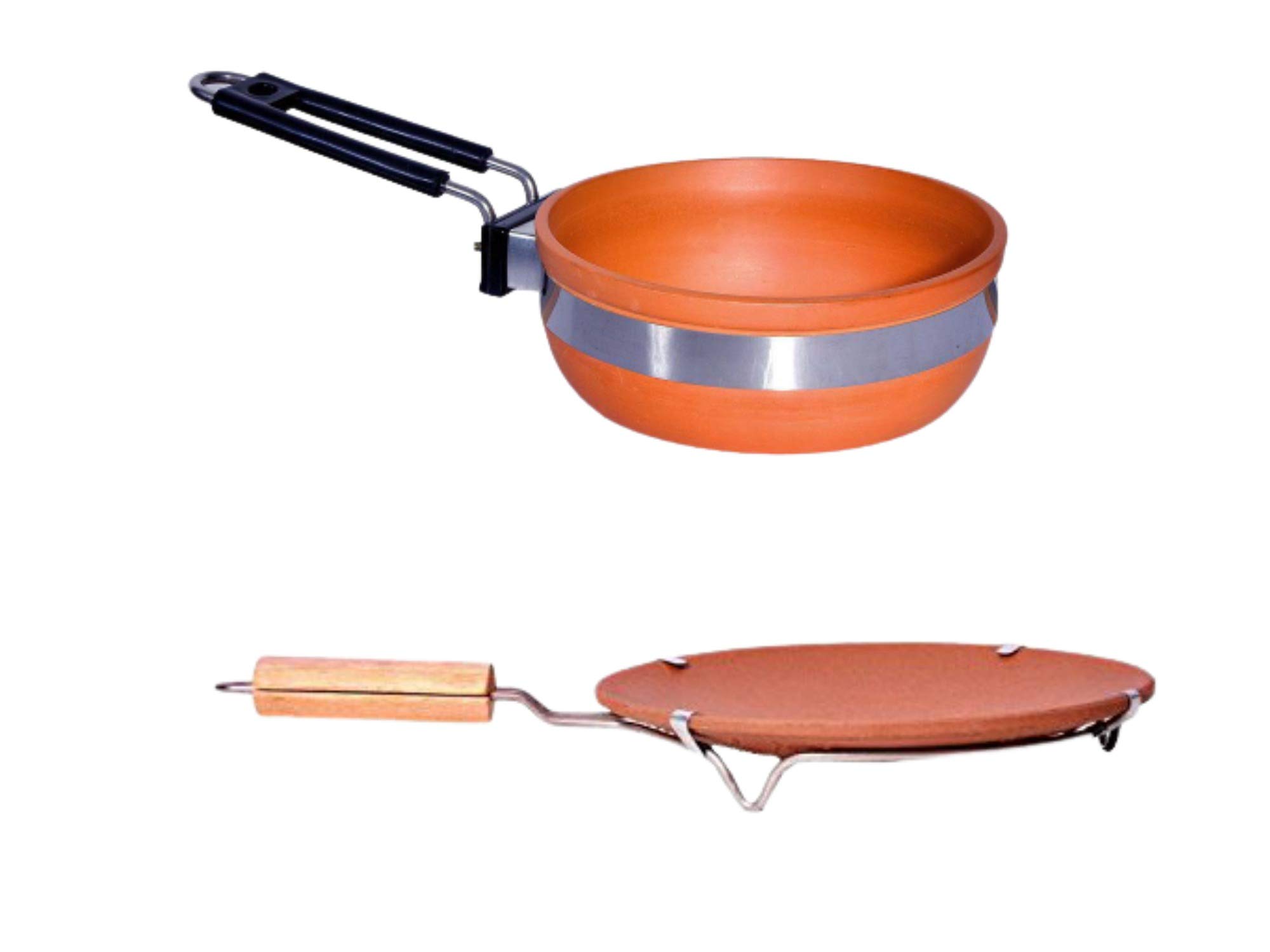 vaghbhatt Combo Pack of Clay Frypan and Tawa, Clay Frying Pan, Cooking Utensils for Making Roti Phulka and Frying Pan for Cooking and Frying Vegetables and Other Food Items