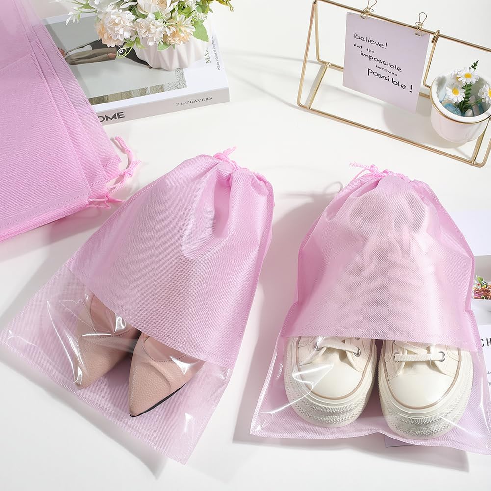 10 Pack 14.3 x 10.6 Inch Dust Proof Shoe Bag Portable Shoe Bags with Clear Window Drawstring Rectangle Pink Cloth Non Woven Hanging Pouches Sets for Travel Protecting Boots Luggage DIY Holder - Image 4