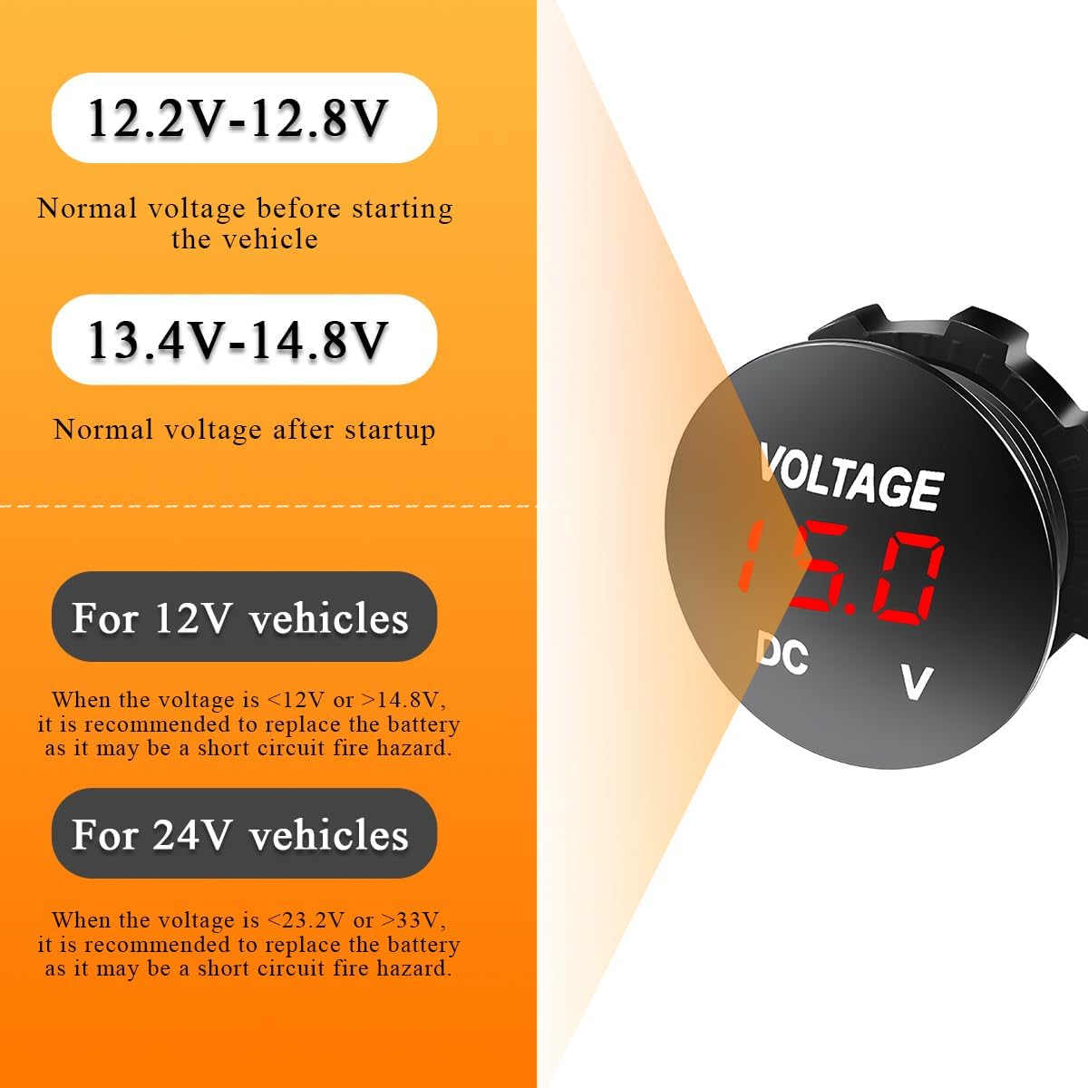 2PCS DC 12-24 V Voltmeter Gauge, Mini Digital Display LED Voltage Meter Gauge with Round Panel, Waterproof Battery Monitor Indicator for Car Boat Marine Truck (Red) image 3