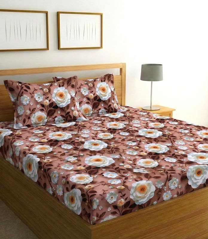 Image of 250 TC Premium 7D Printed Cotton Feel Elastic Fitted Double King Size Bedsheet with 2 Pillow Covers 78 inch x 72 inch Fits up to 6-Inch Mattress Brown