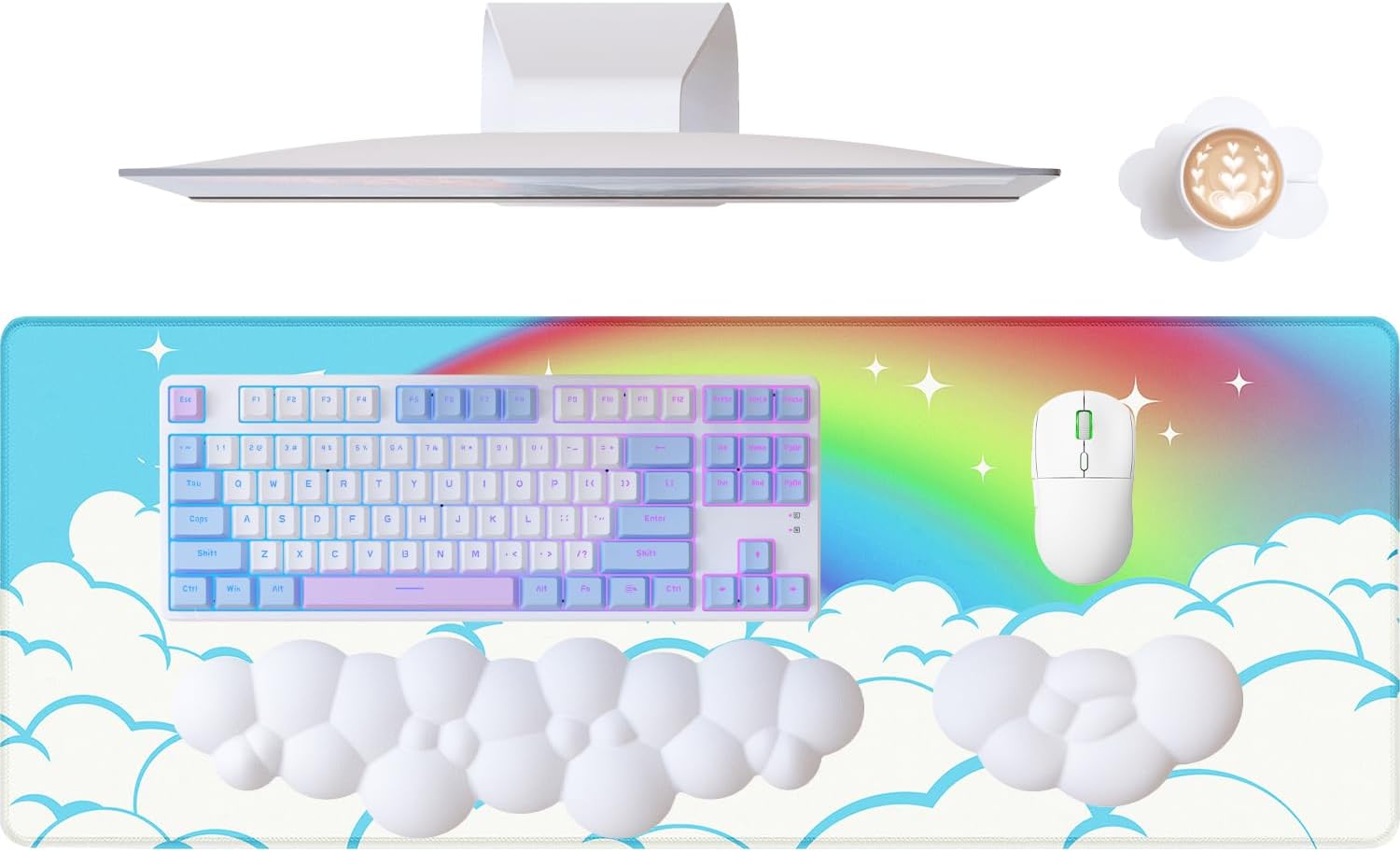 ATTACK SHARK 4 in1 Cloud Mouse Pad,Keyboard Wrist Rest,Mouse Wrist Rest Support,and Leather Coaster Set with Office Desk Mat,Non-Slip PU Desk Pad Memory Foam Ergonomic Pain Relief for Office and Home