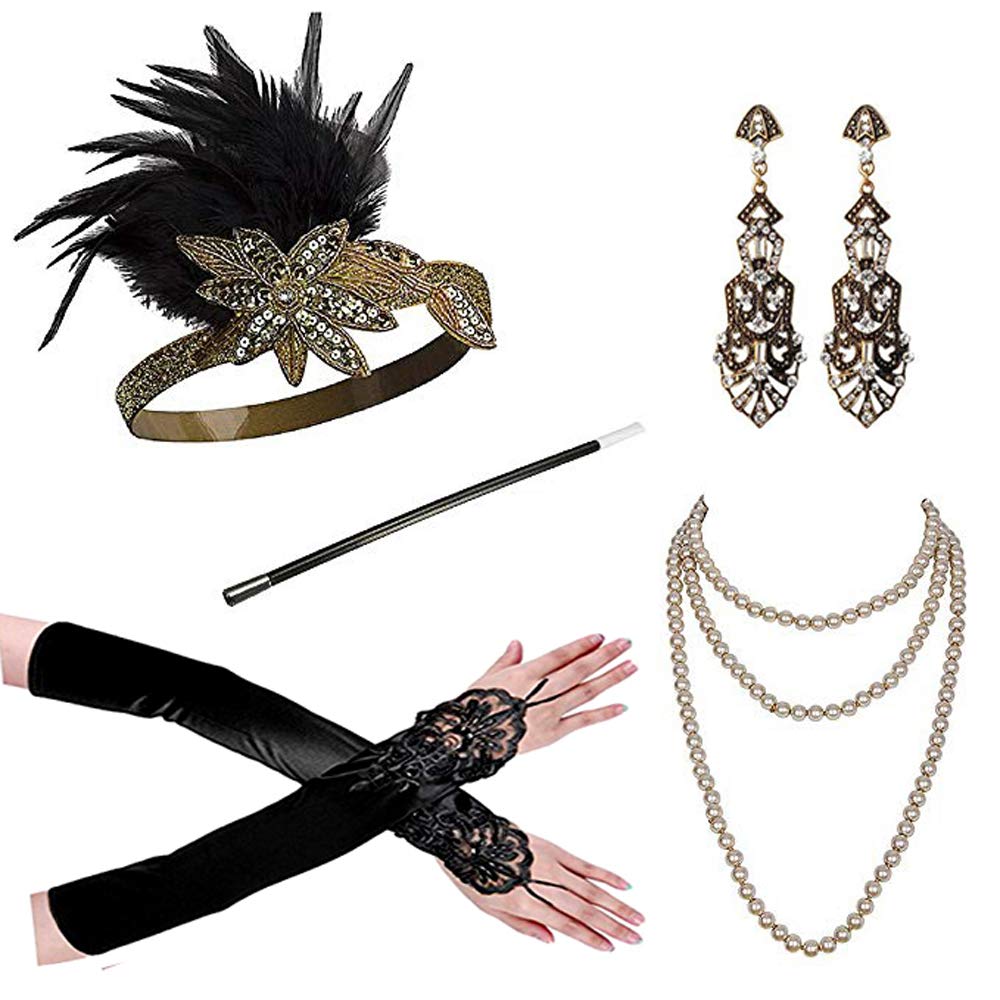 Cizoe 1920s Flapper Gatsby Costume Accessories Set 20s Flapper Headband Vintage Pearl Necklace Gloves