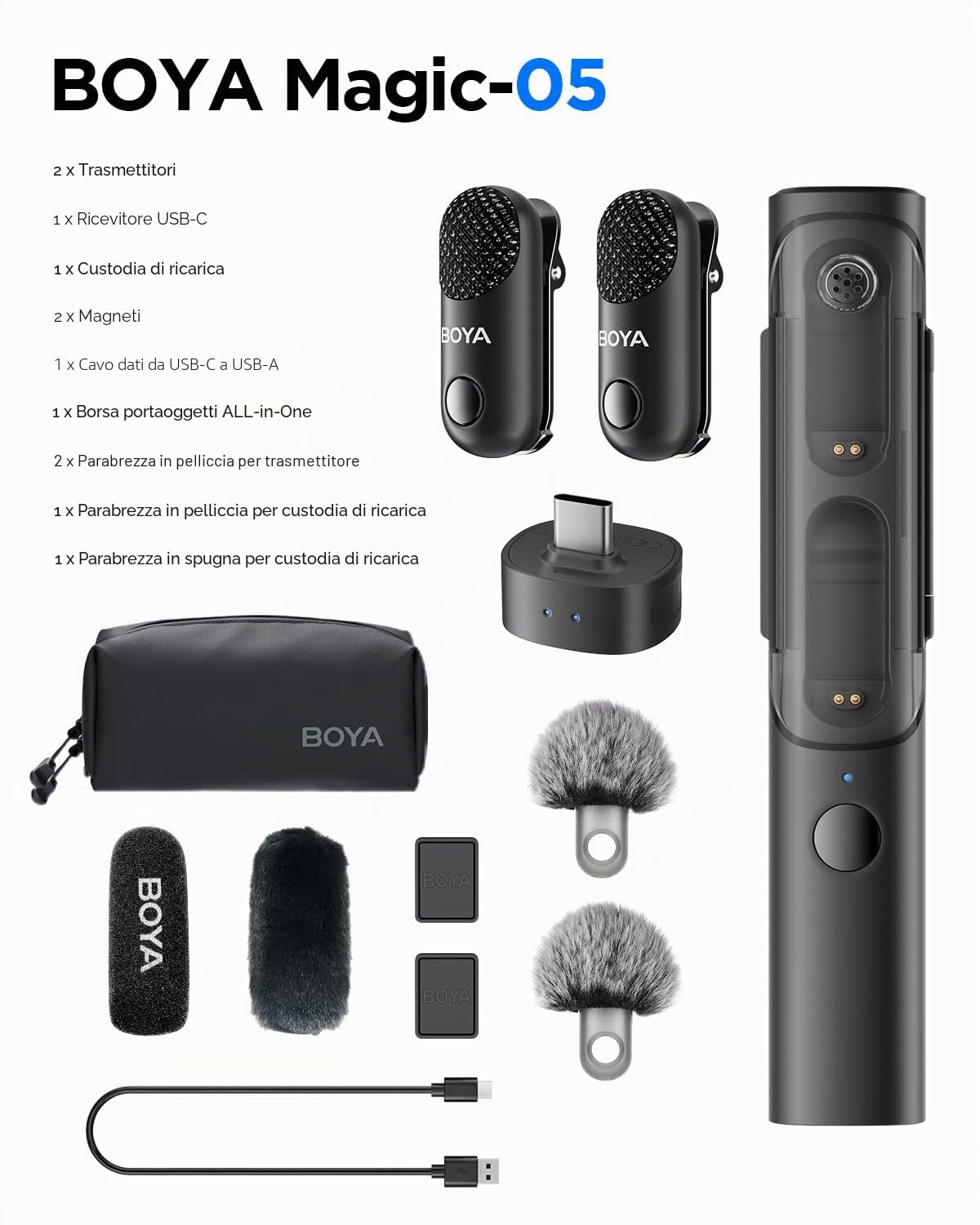 BOYA Magic 4 in 1 Trasformabile Mini Microfono Wireless, Lavalier/Manuale/Scrivania/Videocamera Microfono Lavalier per iPhone15/16/Android, Vlogging e Streaming(2TX+1RX)