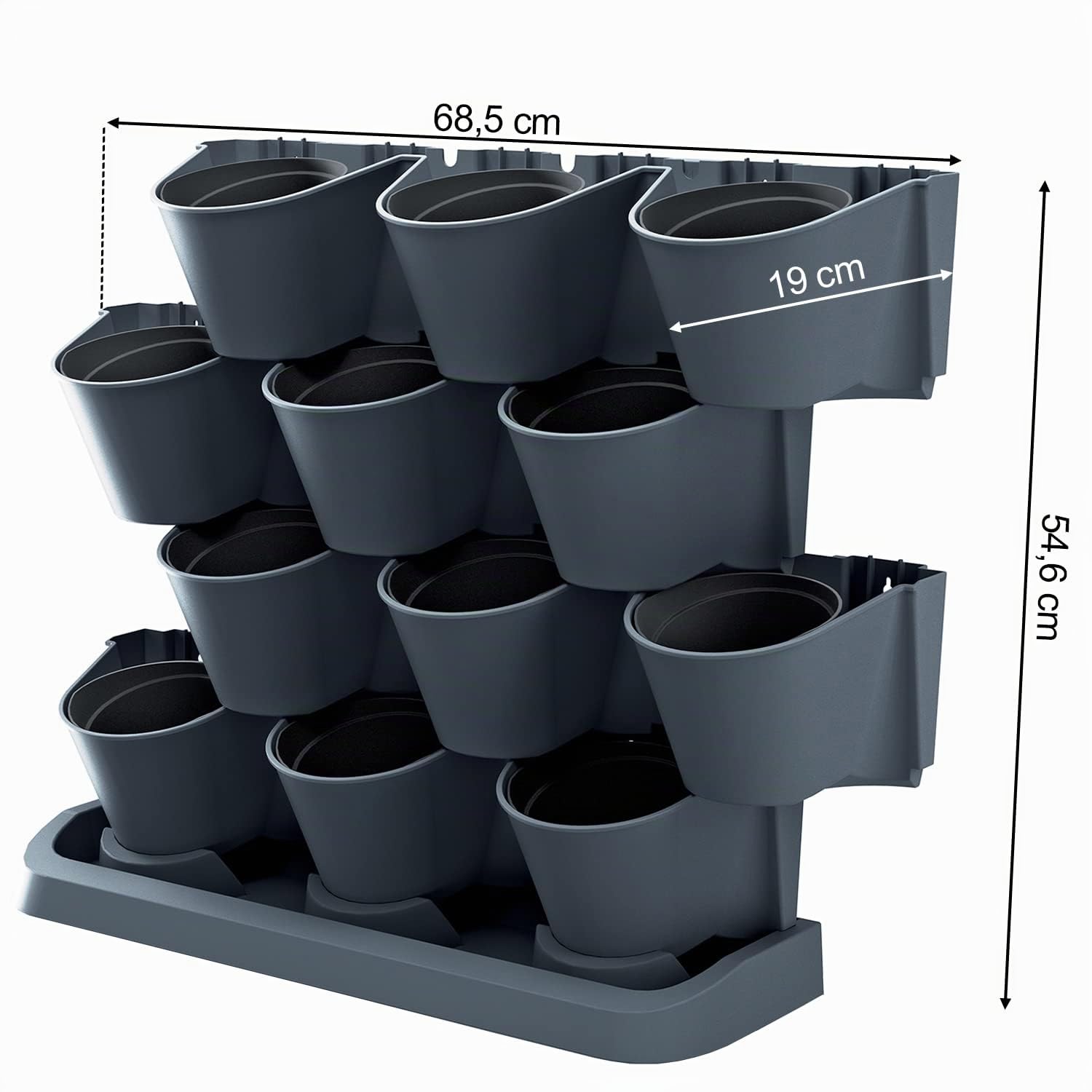 IMJ-Global Set di 12 Vasi Orto Verticale Modulari Per Fiori Piante Cascade Wall Decorativi In Plastica Da Interno Esterno Neri 19 x 68,5 x 54, 6 cm Design Moderno 12 x 0,75 Litri
